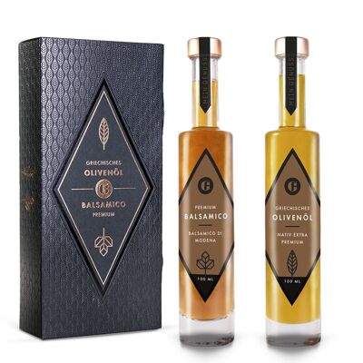 Olive Oil & Balsamic Vinegar Gift Set - Greek Extra Virgin Olive Oil - White Balsamic First Class - Delicatessen Gift Box - 2x 100 ml - Premium Gift Packaging