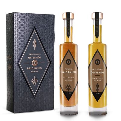 Set de regalo de aceite de oliva y vinagre balsámico - Aceite de oliva virgen extra griego - Balsámico blanco de primera clase - Caja de regalo delicatessen - 2x 100 ml - Paquete de regalo premium