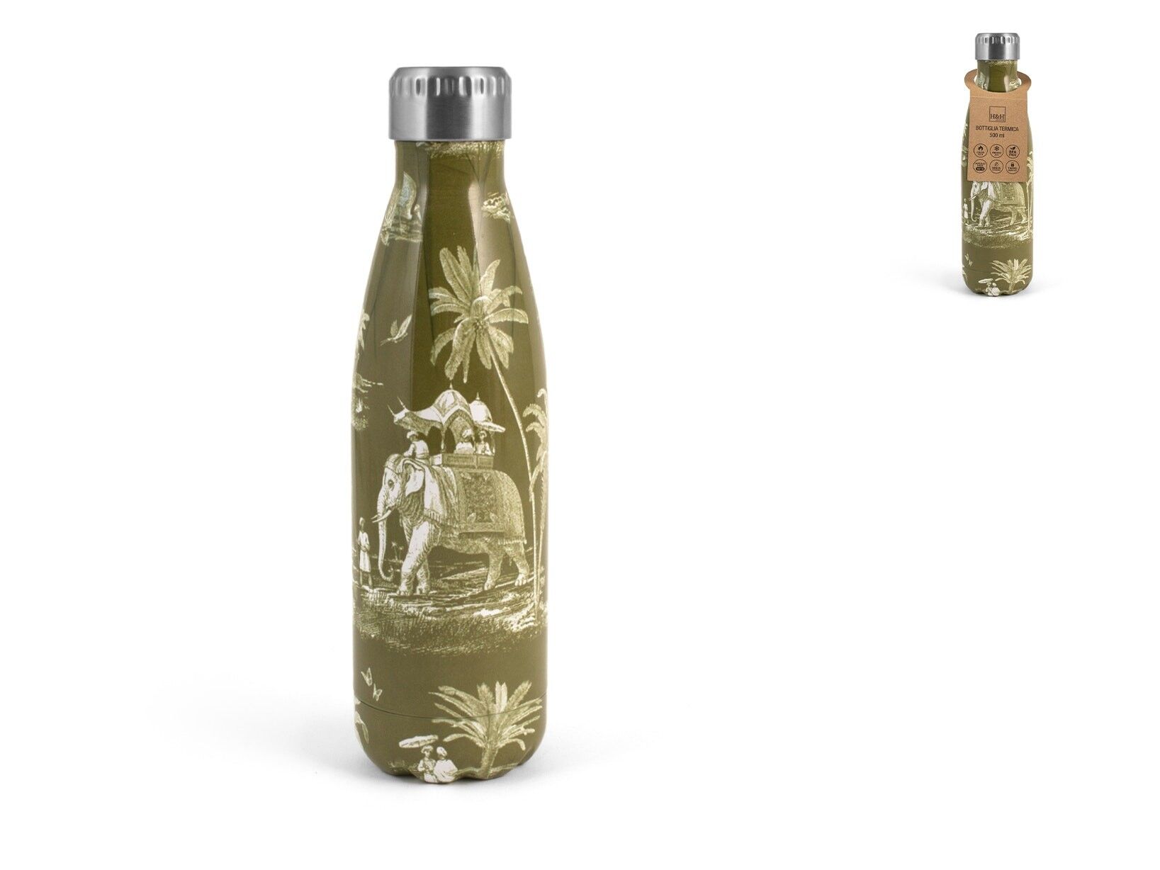 Indian Summer thermal bottle in 18/10 stainless steel with green external decoration