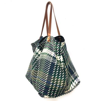 Green, blue, white tartan wool tote bag