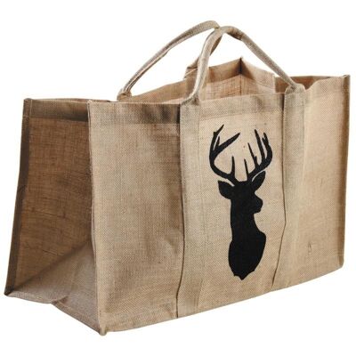 Deer head log bag in laminated hessian 30x60x40cm