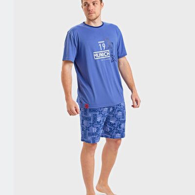 Men's lead blue cotton pajamas with front drawing and Munich print pants. MU_DH0353