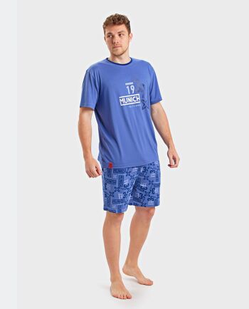 Pyjama homme en coton bleu plomb avec dessin sur le devant et pantalon imprimé Munich. MU_DH0353 1