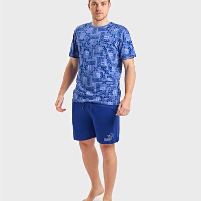 Pijama de hombre de algodón azul plomo estampado y pantalón azul marino Munich. MU_DH0355