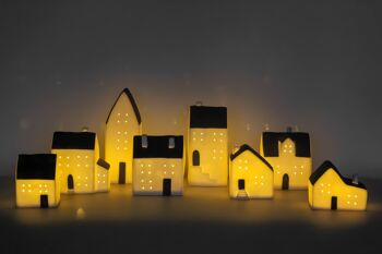 Maison en porcelaine avec bougie chauffe-plat LED | Style contemporain | Fait à la main | Décoration d'intérieur moderne | Finition mate en gris et blanc 6