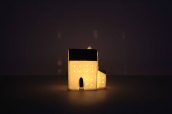 Maison en porcelaine avec bougie chauffe-plat LED | Style contemporain | Fait à la main | Décoration d'intérieur moderne | Finition mate en gris et blanc 4