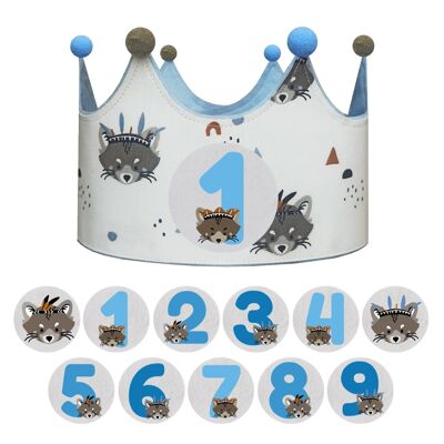 Interchangeable number crown 1 to 9 years "Blue Raccoon"