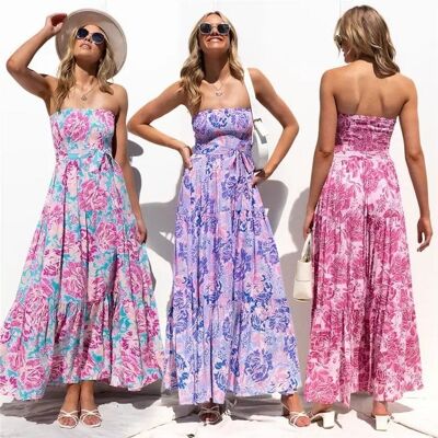 Vestido bohemio de verano para mujer | rosa | morado | con estampado