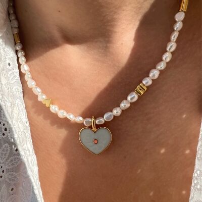White Pearls Beaded Necklace, Freshwater Pearls Necklace, Heart Charm Necklace, Pearls Jewelry, Gift for Her, Made in Greece.