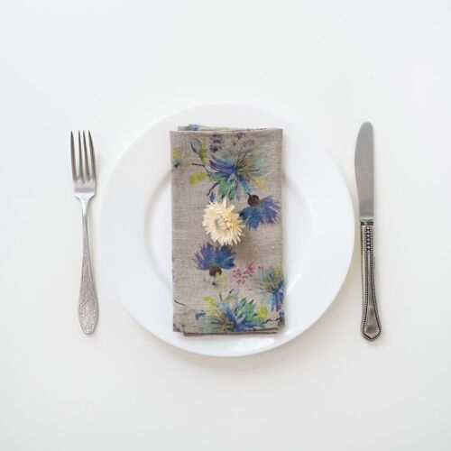 Flowers on Natural Linen Napkins Set of 2