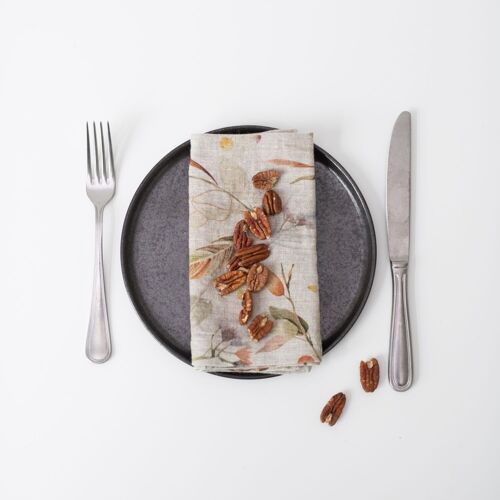 Leaves on Natural Linen Napkins Set of 2