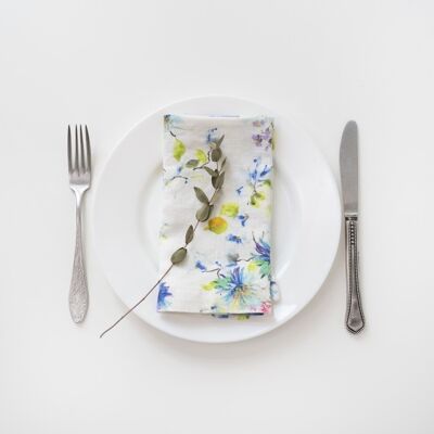 White Flowers Linen Napkins Set of 2