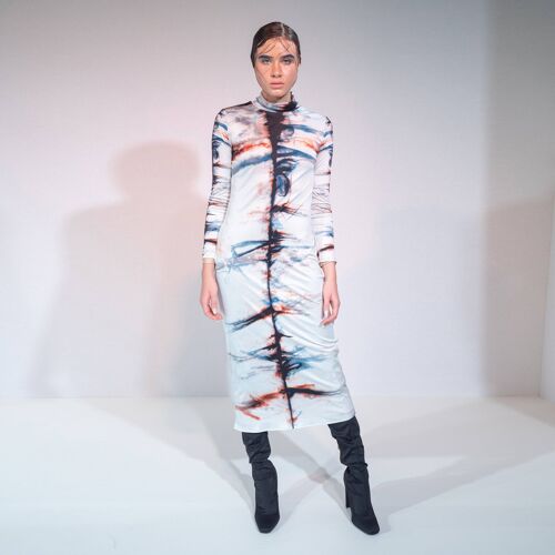 Silk Shibori Turtleneck Dress