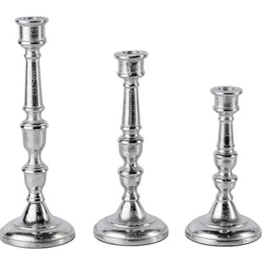 Juego de 3 candelabros plateados para velas de 21, 26 y 31 cm