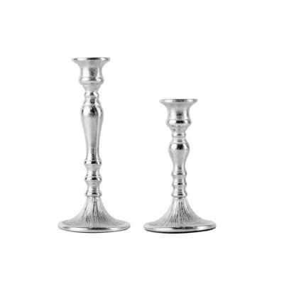 Juego de 2 candelabros plateados para velas de 19 y 25 cm