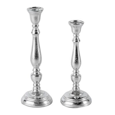 Juego de 2 candelabros plateados para velas de 27 y 31 cm