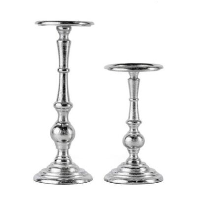 Juego de 2 candelabros plateados para cirios de 24 y 34 cm