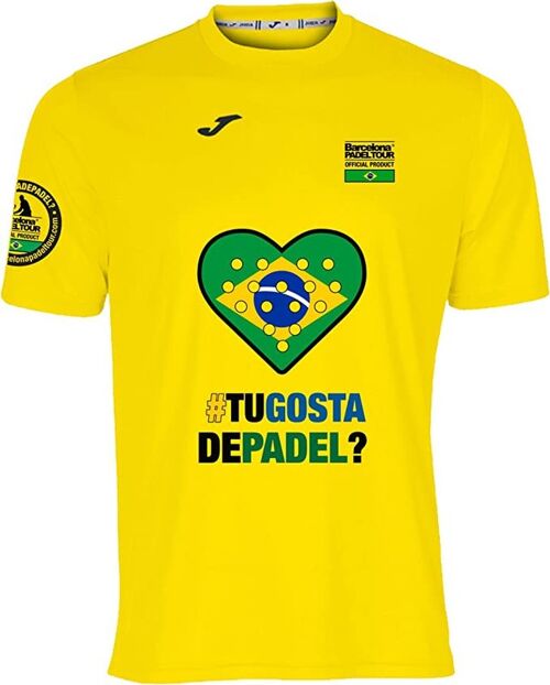 Camiseta Técnica de Manga Corta - para Hombre - Barcelona Padel Tour - en Tejido Micro Mesh Transpirable con Corazón Love Pádel y Banderas de Países Brasil Amarillo