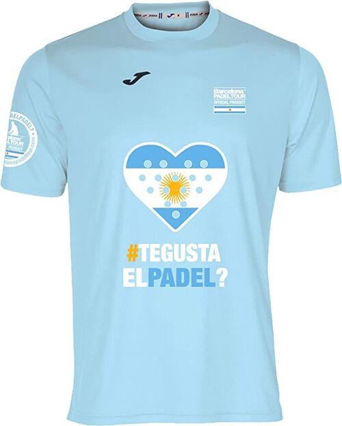 Camiseta Técnica de Manga Corta - para Hombre - Barcelona Padel Tour - en Tejido Micro Mesh Transpirable con Corazón Love Pádel y Banderas de Países Argentina Azul Celeste