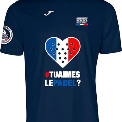 Short Sleeve Technical T-shirt - for Men - Barcelona Padel Tour - in Breathable Micro Mesh Fabric with Love Pádel Heart and Navy France Country Flags