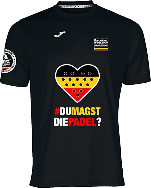 Camiseta Técnica de Manga Corta - para Hombre - Barcelona Padel Tour - en Tejido Micro Mesh Transpirable con Corazón Love Pádel y Banderas de Países Alemania Negro