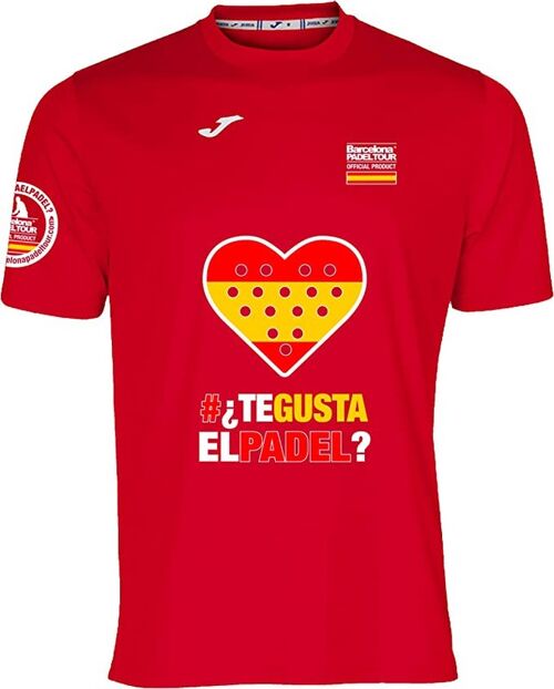 Camiseta Técnica de Manga Corta - para Hombre - Barcelona Padel Tour - en Tejido Micro Mesh Transpirable con Corazón Love Pádel y Banderas de Países España Rojo