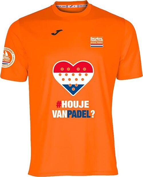 Camiseta Técnica de Manga Corta - para Hombre - Barcelona Padel Tour - en Tejido Micro Mesh Transpirable con Corazón Love Pádel y Banderas de Países Holanda Naranja