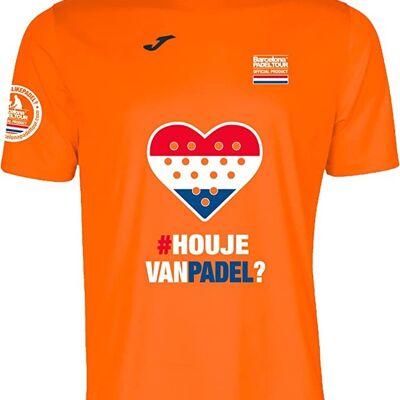 Short Sleeve Technical T-shirt - for Men - Barcelona Padel Tour - in Breathable Micro Mesh Fabric with Love Paddle Heart and Country Flags Holland Orange