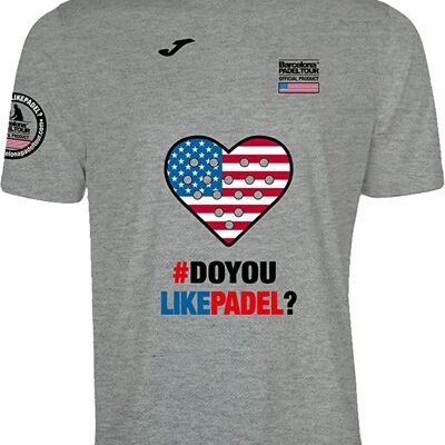 Short Sleeve Technical T-shirt - for Men - Barcelona Padel Tour - in Breathable Micro Mesh Fabric with Love Padel Heart and USA Country Flags Gray