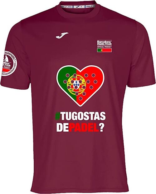 Camiseta Técnica de Manga Corta - para Hombre - Barcelona Padel Tour - en Tejido Micro Mesh Transpirable con Corazón Love Pádel y Banderas de Países Portugal Burdeos
