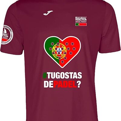 Camiseta Técnica de Manga Corta - para Hombre - Barcelona Padel Tour - en Tejido Micro Mesh Transpirable con Corazón Love Pádel y Banderas de Países Portugal Burdeos