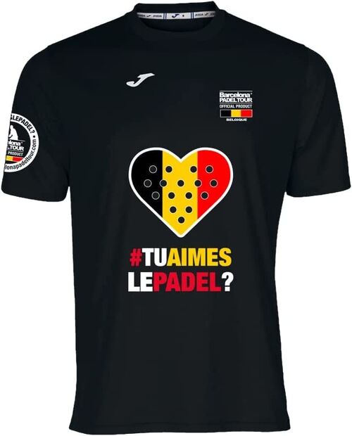 Camiseta Técnica de Manga Corta - para Hombre - Barcelona Padel Tour - en Tejido Micro Mesh Transpirable con Corazón Love Pádel y Banderas de Países Bélgica Negro