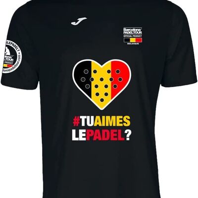 T-shirt Tecnica Manica Corta - da Uomo - Barcelona Padel Tour - in Tessuto Micro Mesh Traspirante con Cuore Love Paddle e Bandiere Nazionali Belgio Nero