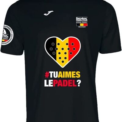 Camiseta Técnica de Manga Corta - para Hombre - Barcelona Padel Tour - en Tejido Micro Mesh Transpirable con Corazón Love Pádel y Banderas de Países Bélgica Negro