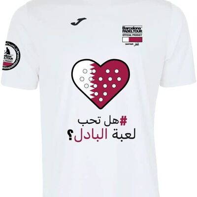 Camiseta Técnica de Manga Corta - para Hombre - Barcelona Padel Tour - en Tejido Micro Mesh Transpirable con Corazón Love Pádel y Banderas de Países Qatar Blanco