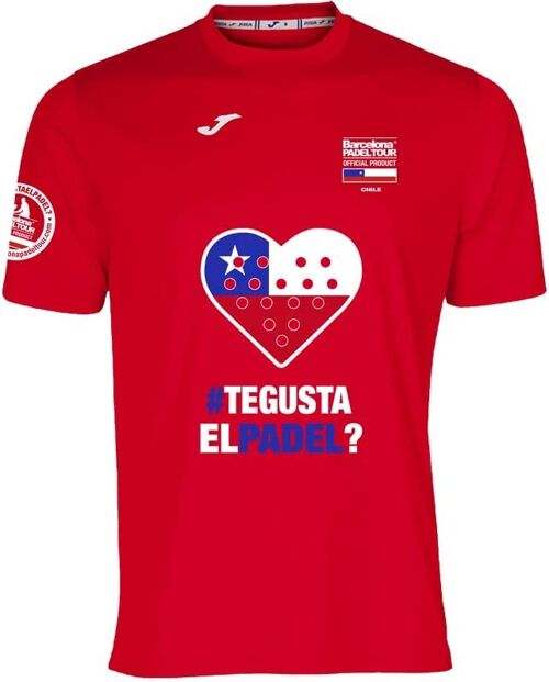 Camiseta Técnica de Manga Corta - para Hombre - Barcelona Padel Tour - en Tejido Micro Mesh Transpirable con Corazón Love Pádel y Banderas de Países Chile Rojo