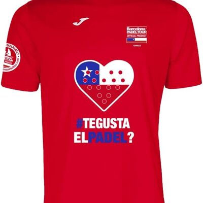 Camiseta Técnica de Manga Corta - para Hombre - Barcelona Padel Tour - en Tejido Micro Mesh Transpirable con Corazón Love Pádel y Banderas de Países Chile Rojo
