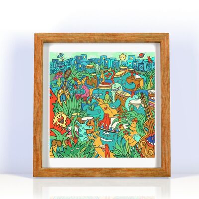 Bongo City: Brasil Tropical Jungle Art Giclée-Druck grafisches Illustrationsposter über Reisen, Weltmusik und Percussion