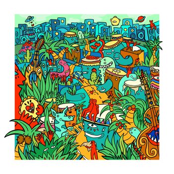 Bongo City: Brasil Tropical Jungle Art Giclée Print affiche d'illustration graphique sur les voyages, la musique du monde et les percussions 5