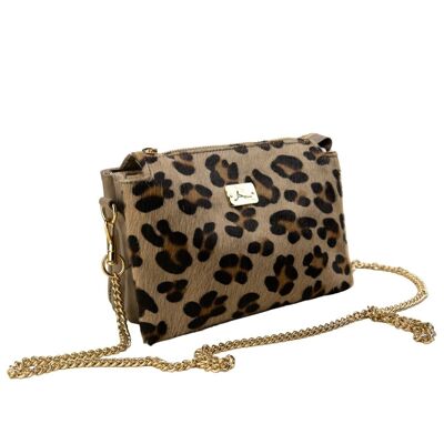 CLUTCH BAG IN LEATHER AND SPOTTED PONY WITH 3 COMPARTMENTS WITH ZIP CLOSURE AND GOLDEN CHAIN ​​SHOULDER STRAP - B403 LA TRIPLE