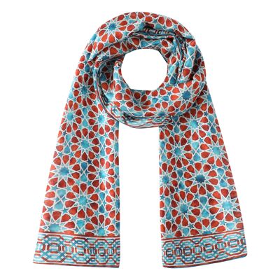 Pañuelo de seda con estampado azul y marrón Fátima - (180x65 cm)