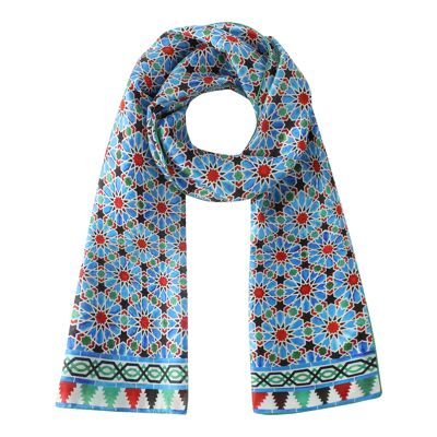 Sciarpa in seta con stampa geometrica Zellige blu - (180x65 cm)
