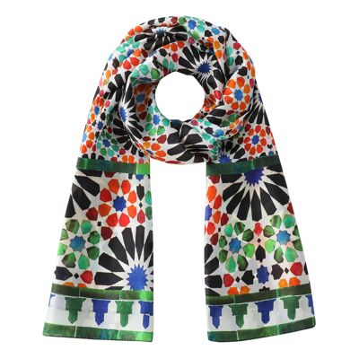Sciarpa da donna in seta stampata con motivo geometrico blu e arancione Garnata - (180x65 cm)