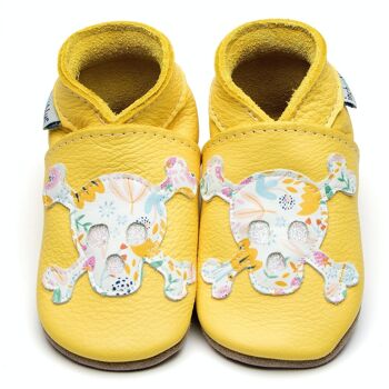 Chaussures Bébé en Cuir Semelle Daim ou Caoutchouc - Tête de Mort Jaune 1