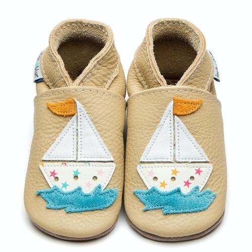 Leather Baby Shoes with Suede or Rubber Sole - Sail Boat Cream