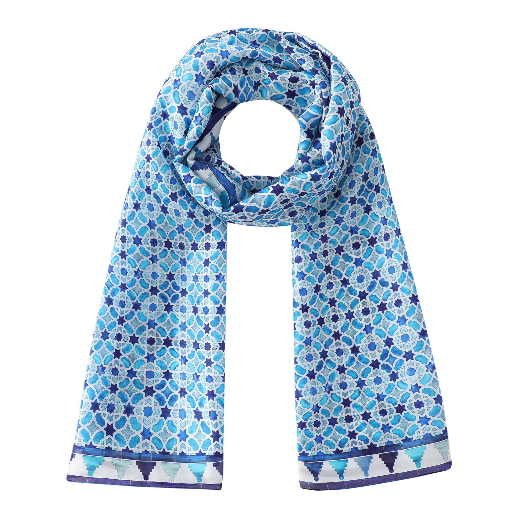 Blue silk scarf with geometric print - for men and women - (180x65cm)