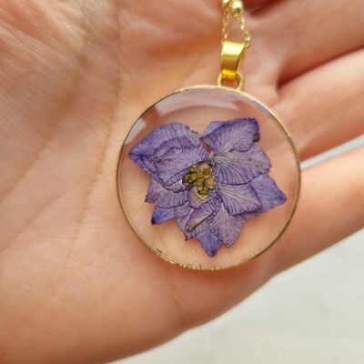Pressed Flower in Resin Necklace Blue Delphinium 18k gold plated chain