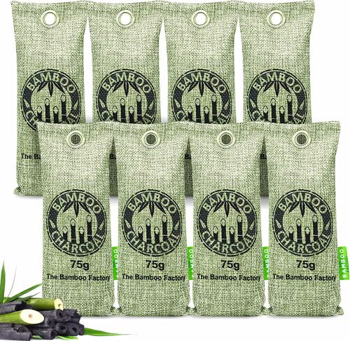 The Bamboo Factory Air Purifier Bags, 8-Pack, 75g per Bag, Activated Bamboo Charcoal Odour Eliminator, Neutraliser, and Freshener for Car, Closet, Fridge, and Pet Odours