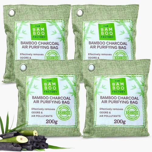 The Bamboo Factory Air Purifier Bags, 4-Pack, 200g per Bag, Activated Bamboo Charcoal Odour Eliminator, Neutraliser, and Freshener for Car, Closet, Fridge, and Pet Odours (with 4x Metal Hooks)