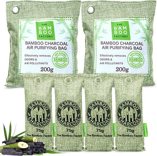 The Bamboo Factory Air Purifier Bags, 2-Pack, 200g and 4-Pack,75g per Bag - Activated Bamboo Charcoal Odour Eliminator, Neutraliser, and Freshener for Car, Closet, Fridge, and Pet Odours